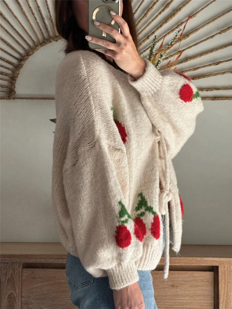 Cherry Motif Tie Front Chunky Cardigan - Apricot - 1