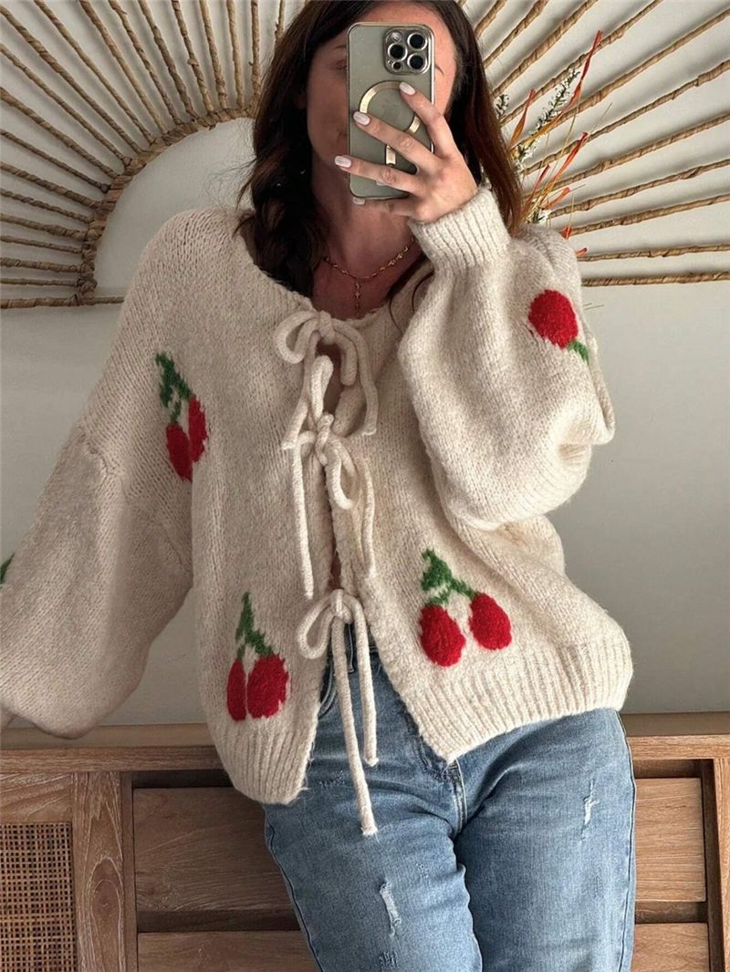 Cherry Motif Tie Front Chunky Cardigan - Apricot - 2