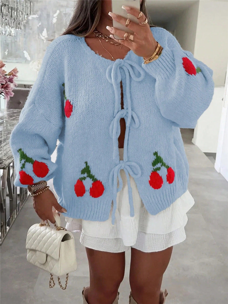 Cherry Motif Tie Front Chunky Cardigan - Blue