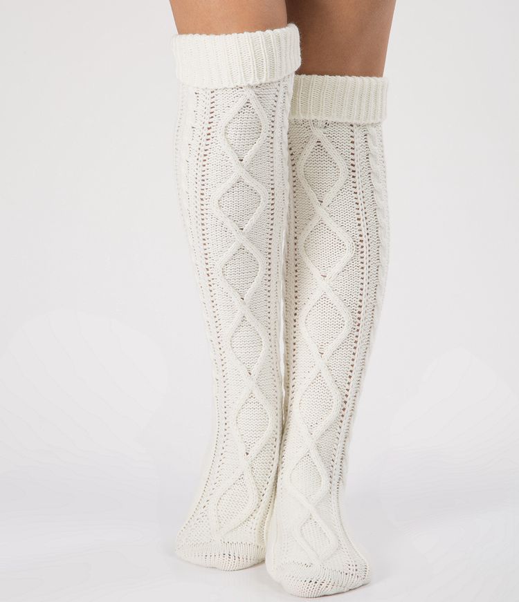Cable Knit Over The Knee Boot Socks - White