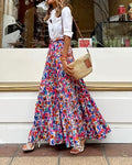 Watercolor Floral Tiered Ruffle Maxi Skirt - Colorful