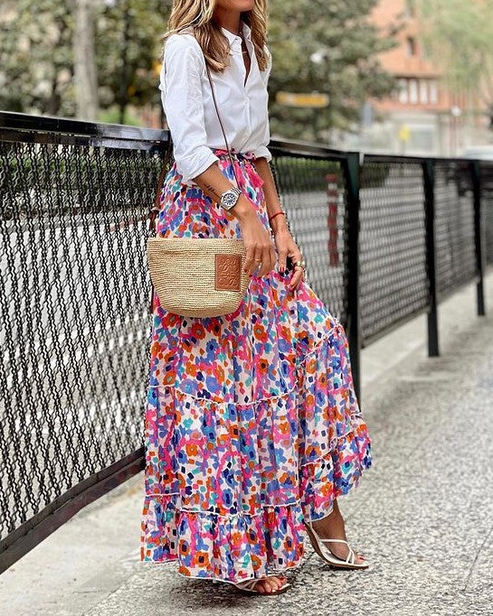 Watercolor Floral Tiered Ruffle Maxi Skirt - Colorful - 1