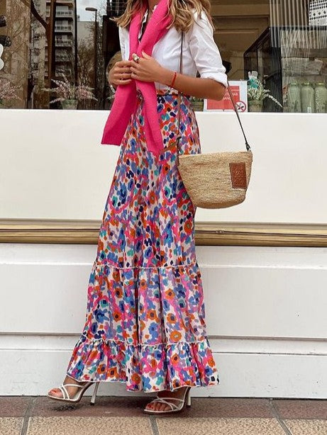 Watercolor Floral Tiered Ruffle Maxi Skirt - Colorful - 3