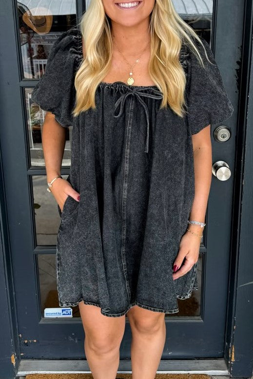 Puff Sleeve Denim Babydoll Mini Dress - black