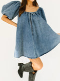 Puff Sleeve Denim Babydoll Mini Dress - blue