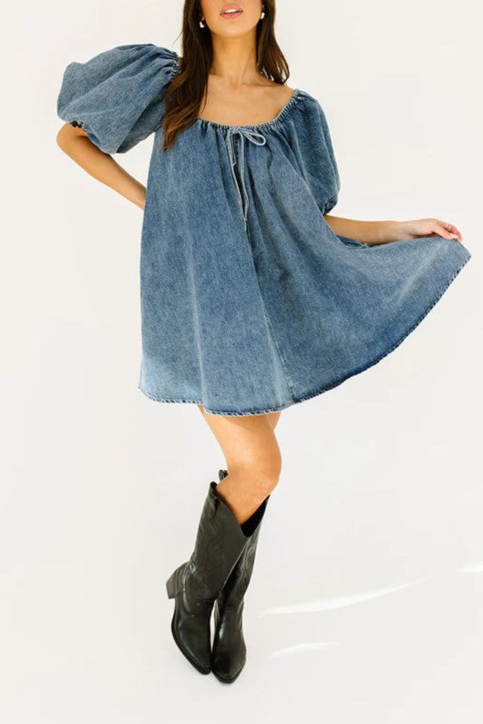 Puff Sleeve Denim Babydoll Mini Dress - blue - 1