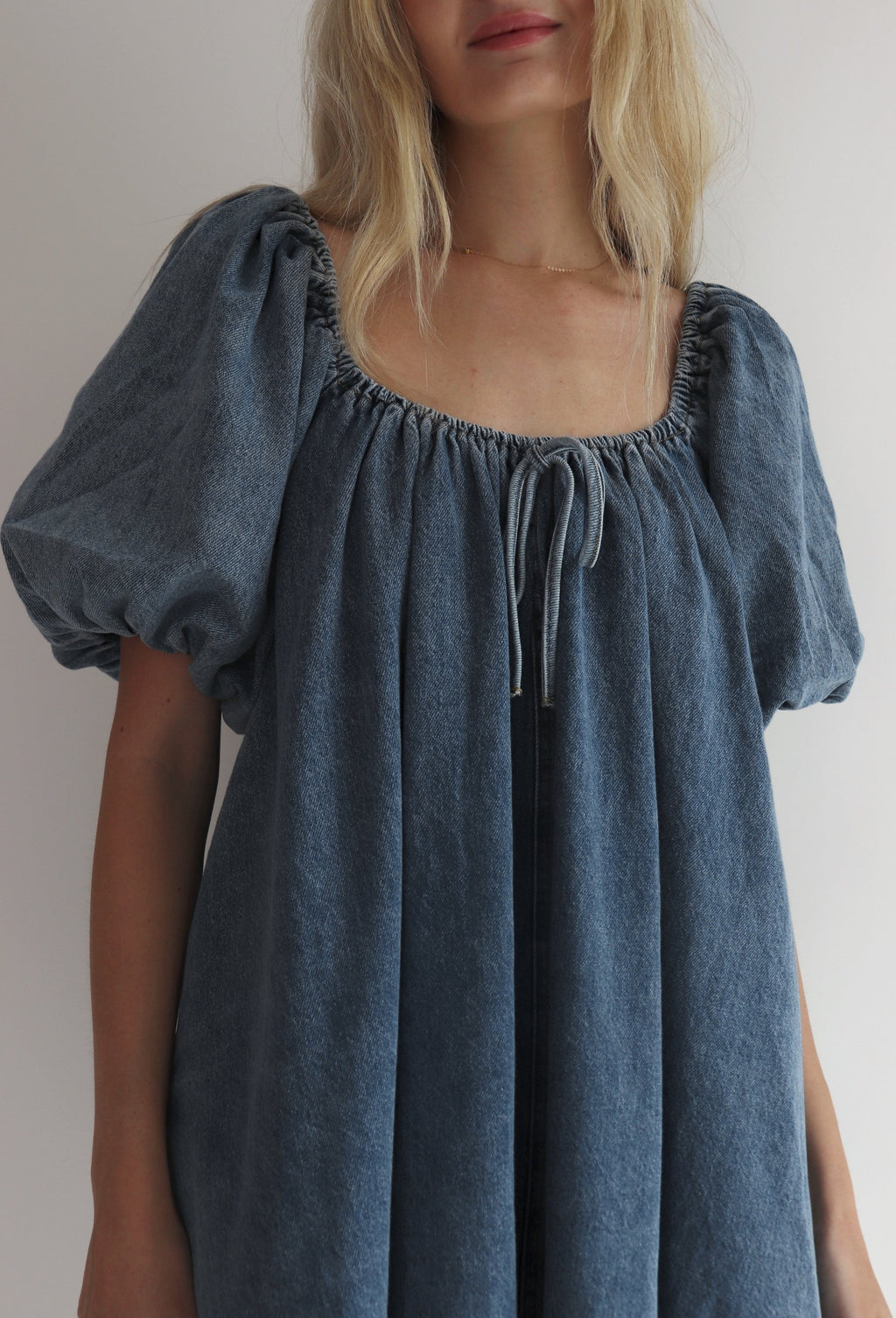 Puff Sleeve Denim Babydoll Mini Dress - blue - 10