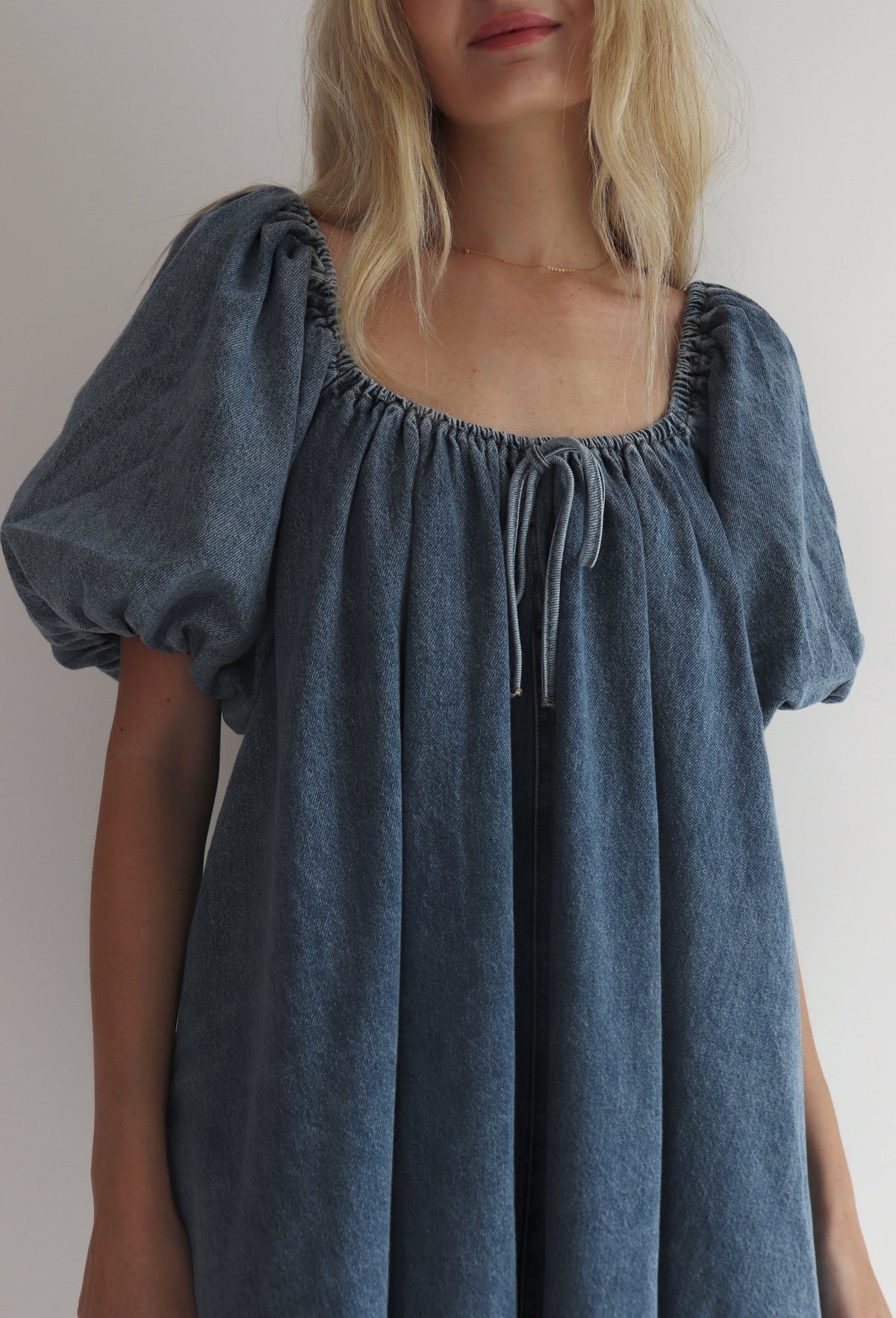 Puff Sleeve Denim Babydoll Mini Dress - blue - 10