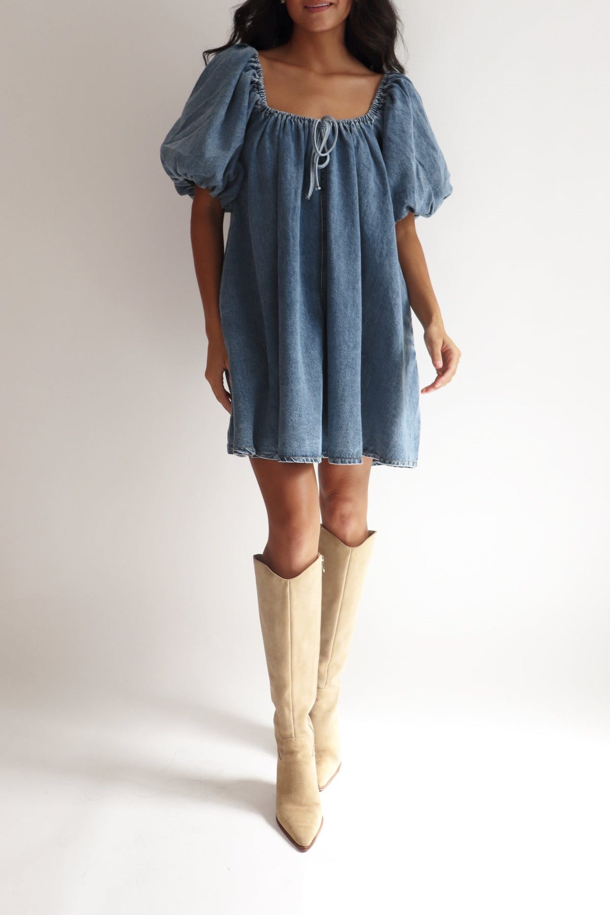 Puff Sleeve Denim Babydoll Mini Dress - blue - 11
