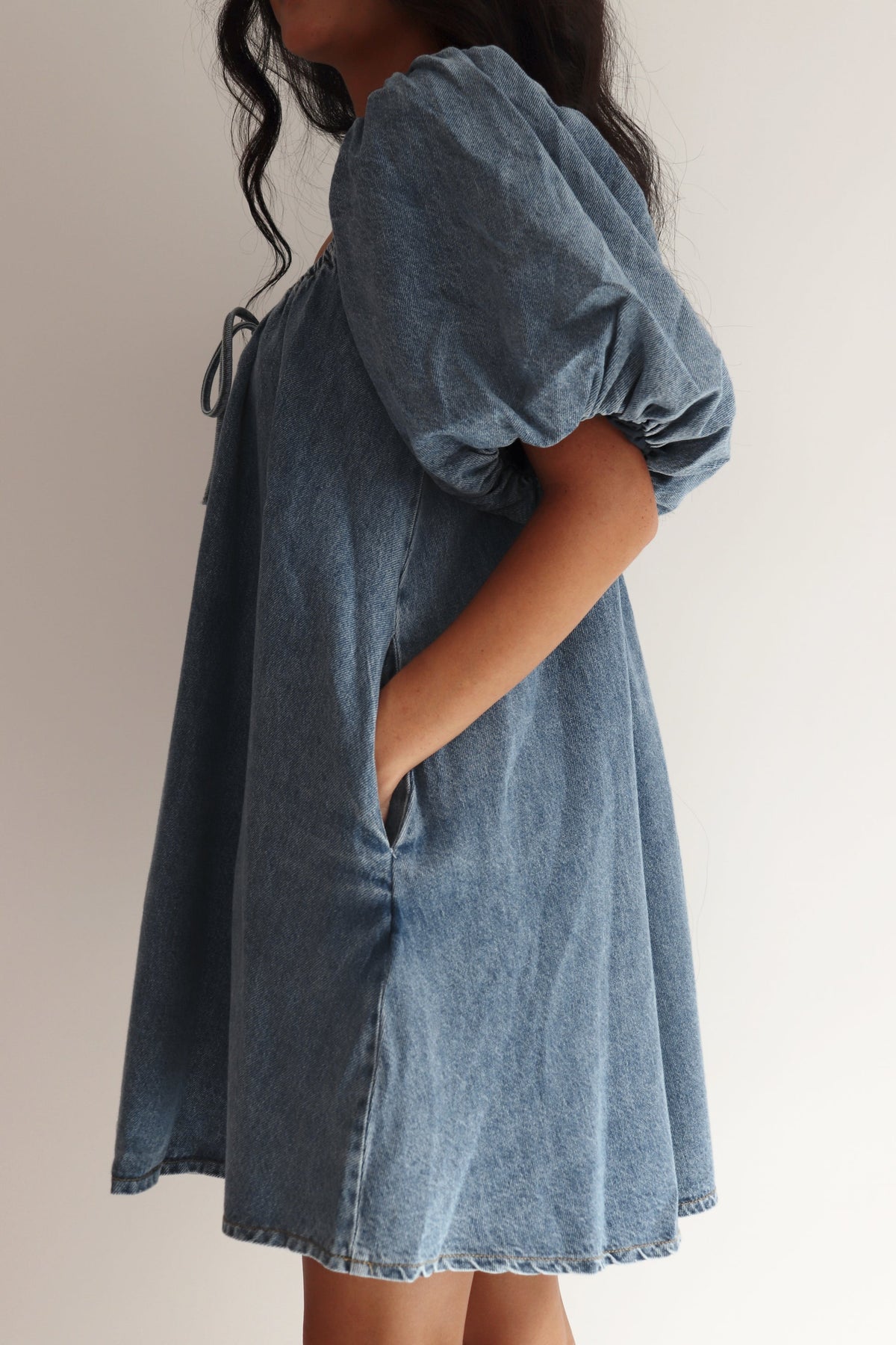 Puff Sleeve Denim Babydoll Mini Dress - blue - 2