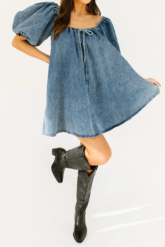 Puff Sleeve Denim Babydoll Mini Dress - blue - 3