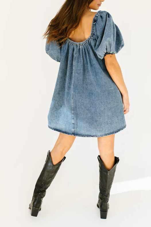 Puff Sleeve Denim Babydoll Mini Dress - blue - 4