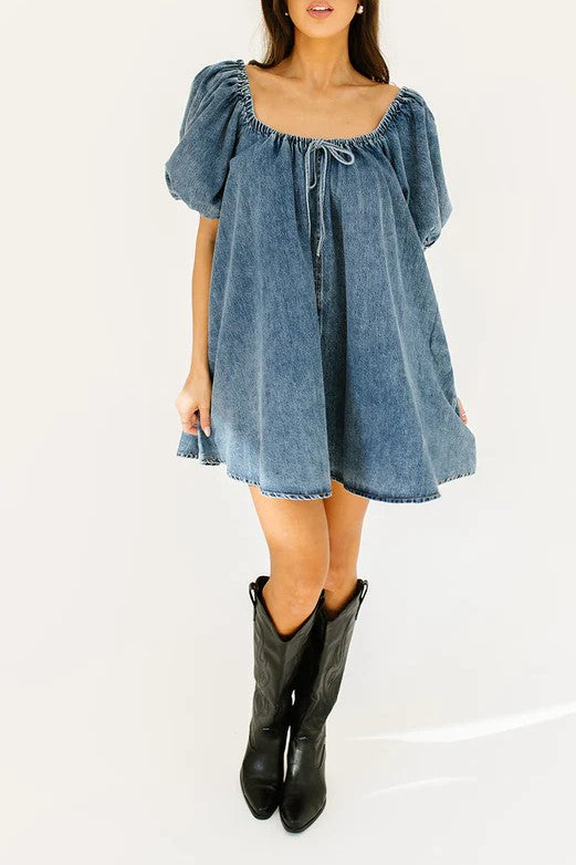 Puff Sleeve Denim Babydoll Mini Dress - blue - 5