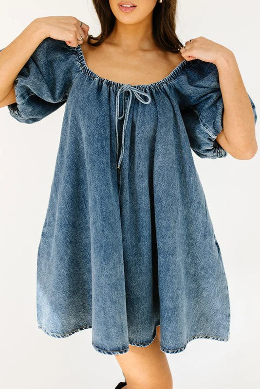 Puff Sleeve Denim Babydoll Mini Dress - blue - 6