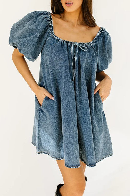 Puff Sleeve Denim Babydoll Mini Dress - blue - 7