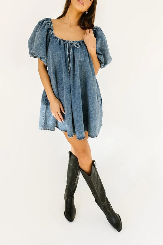 Puff Sleeve Denim Babydoll Mini Dress - blue - 8