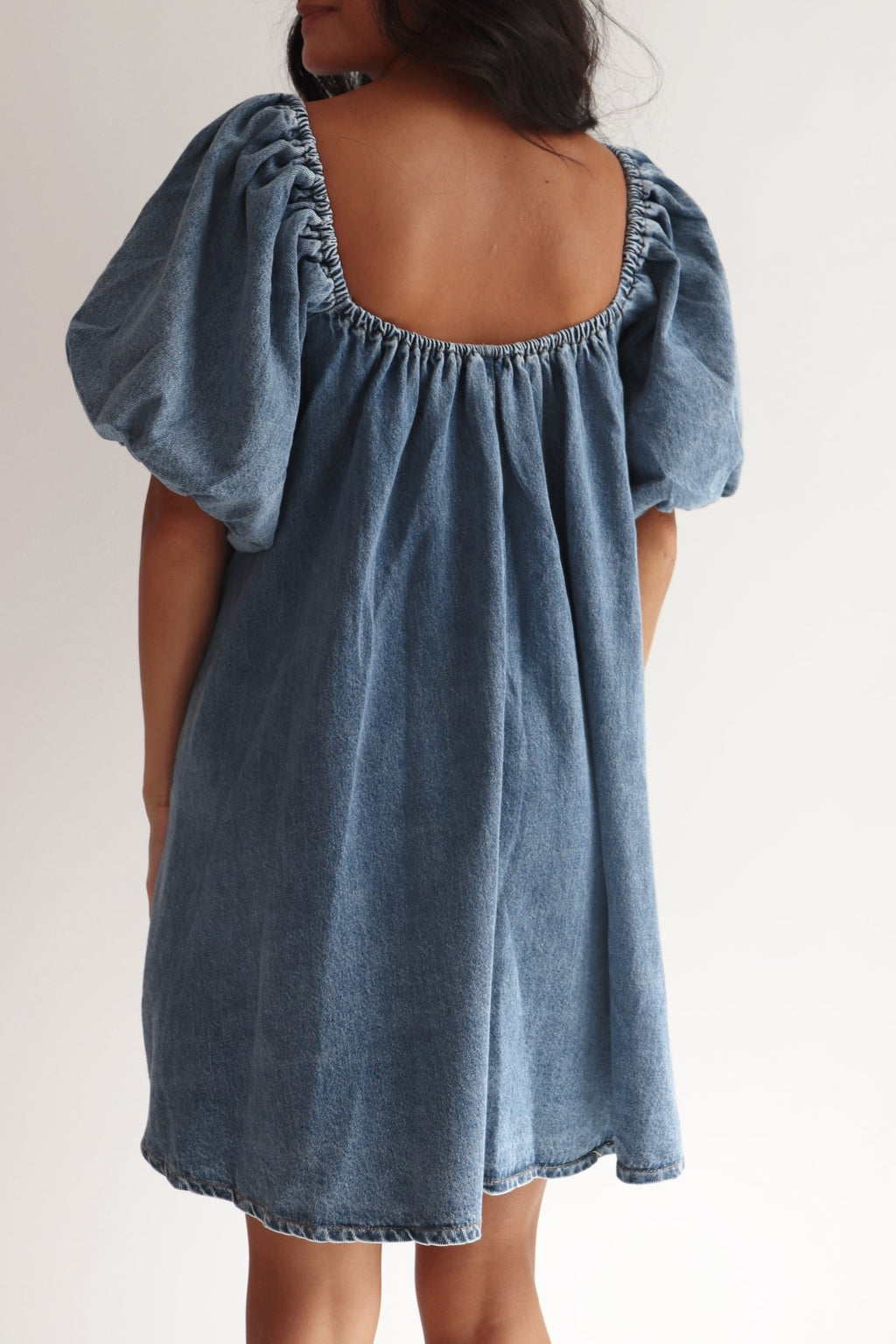 Puff Sleeve Denim Babydoll Mini Dress - blue - 9