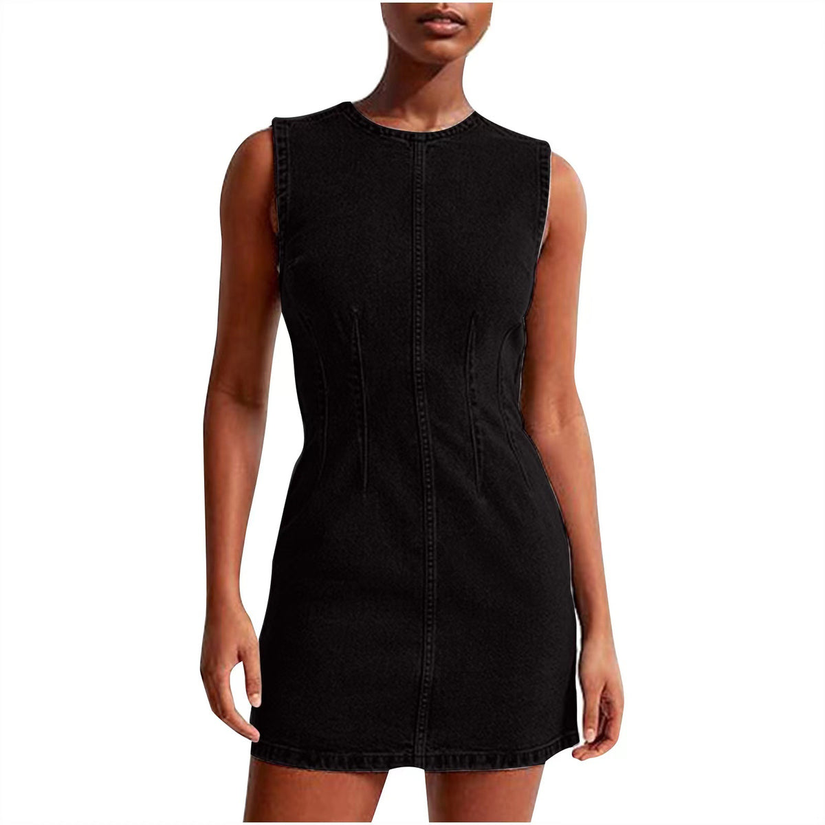 Sleeveless Seamed Denim Mini Dress - Black