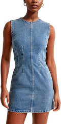 Sleeveless Seamed Denim Mini Dress - Blue