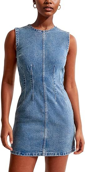 Sleeveless Seamed Denim Mini Dress - Blue