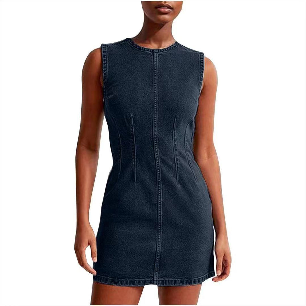 Sleeveless Seamed Denim Mini Dress - DarkBlue