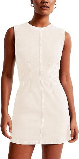 Sleeveless Seamed Denim Mini Dress - White