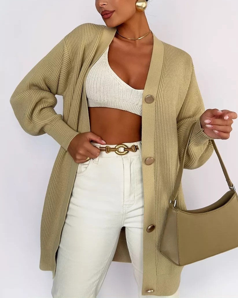 Longline V Neck Balloon Sleeve Cardigan - Apricot