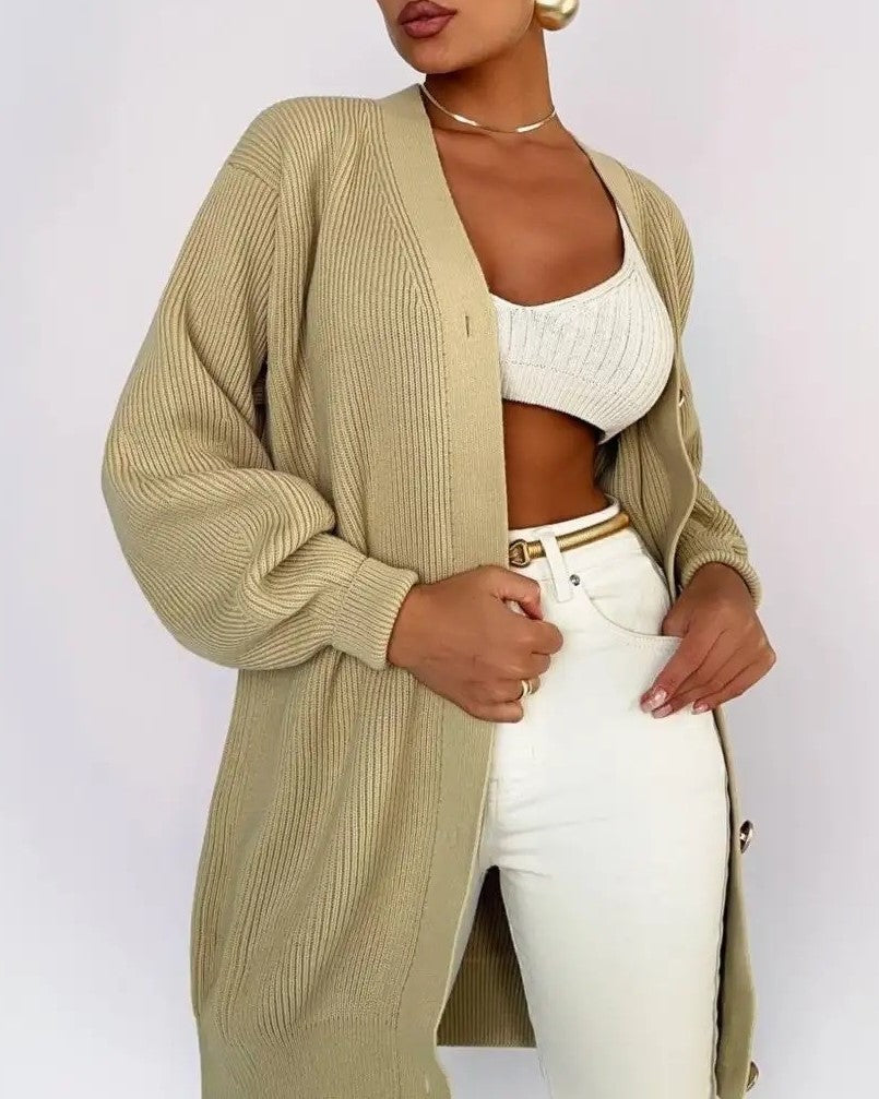 Longline V Neck Balloon Sleeve Cardigan - Apricot - 1