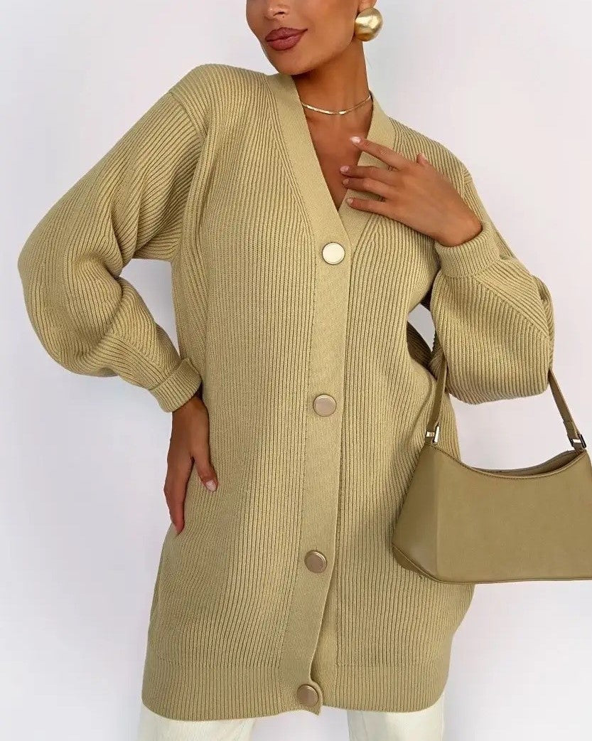 Longline V Neck Balloon Sleeve Cardigan - Apricot - 2
