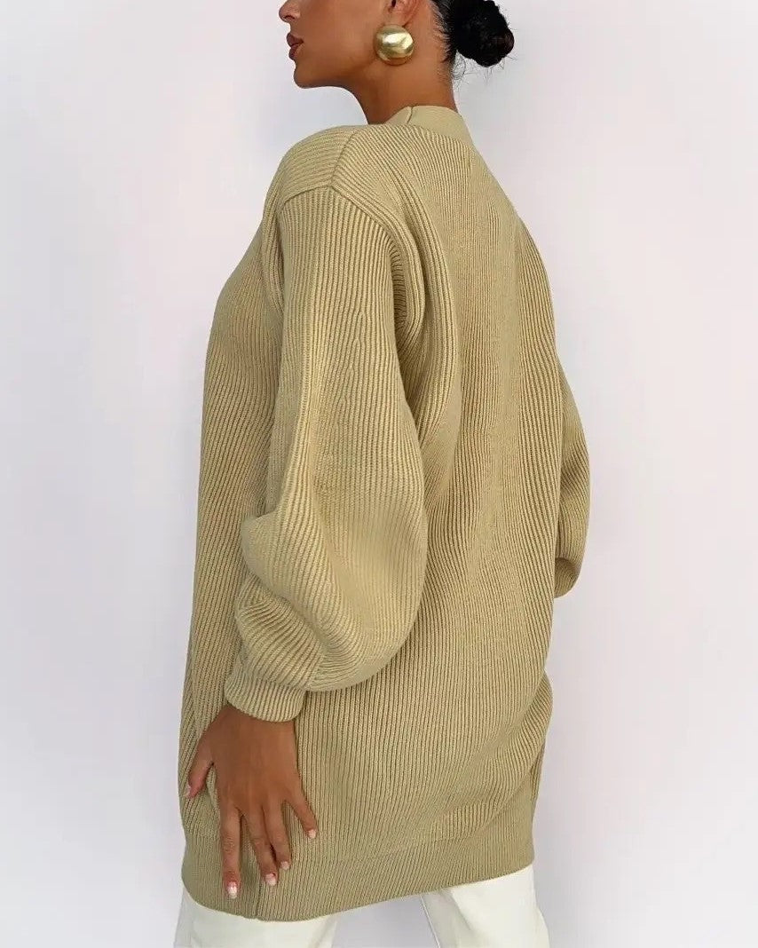 Longline V Neck Balloon Sleeve Cardigan - Apricot - 3