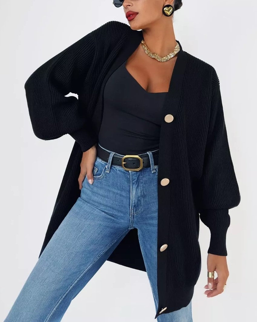 Longline V Neck Balloon Sleeve Cardigan - Black