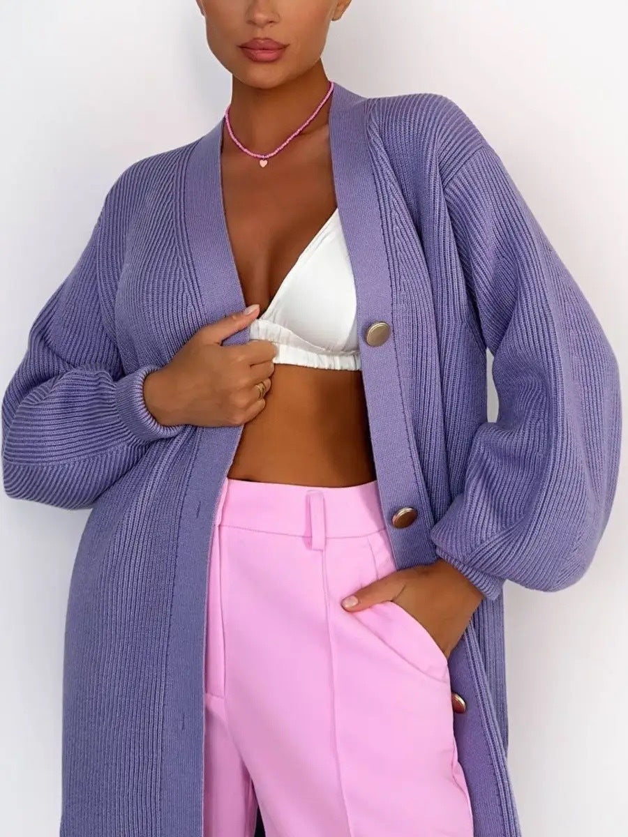 Longline V Neck Balloon Sleeve Cardigan - Purple