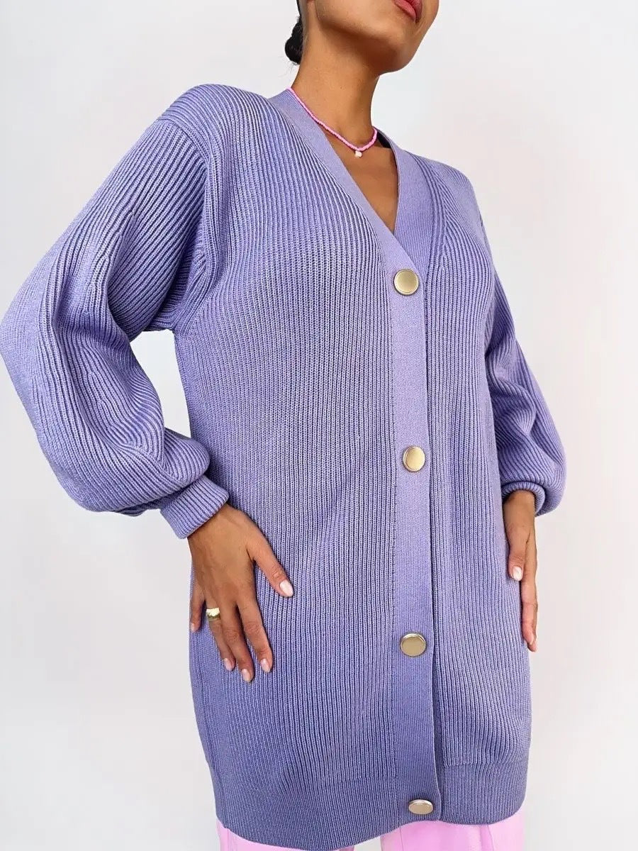 Longline V Neck Balloon Sleeve Cardigan - Purple - 1