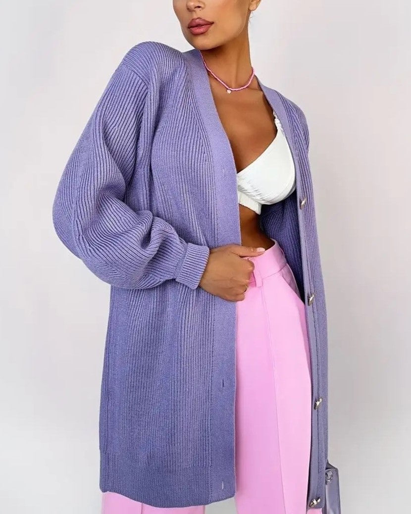 Longline V Neck Balloon Sleeve Cardigan - Purple - 2