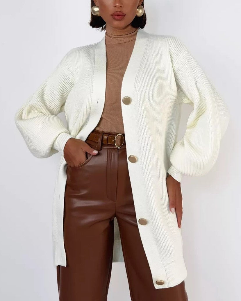 Longline V Neck Balloon Sleeve Cardigan - White