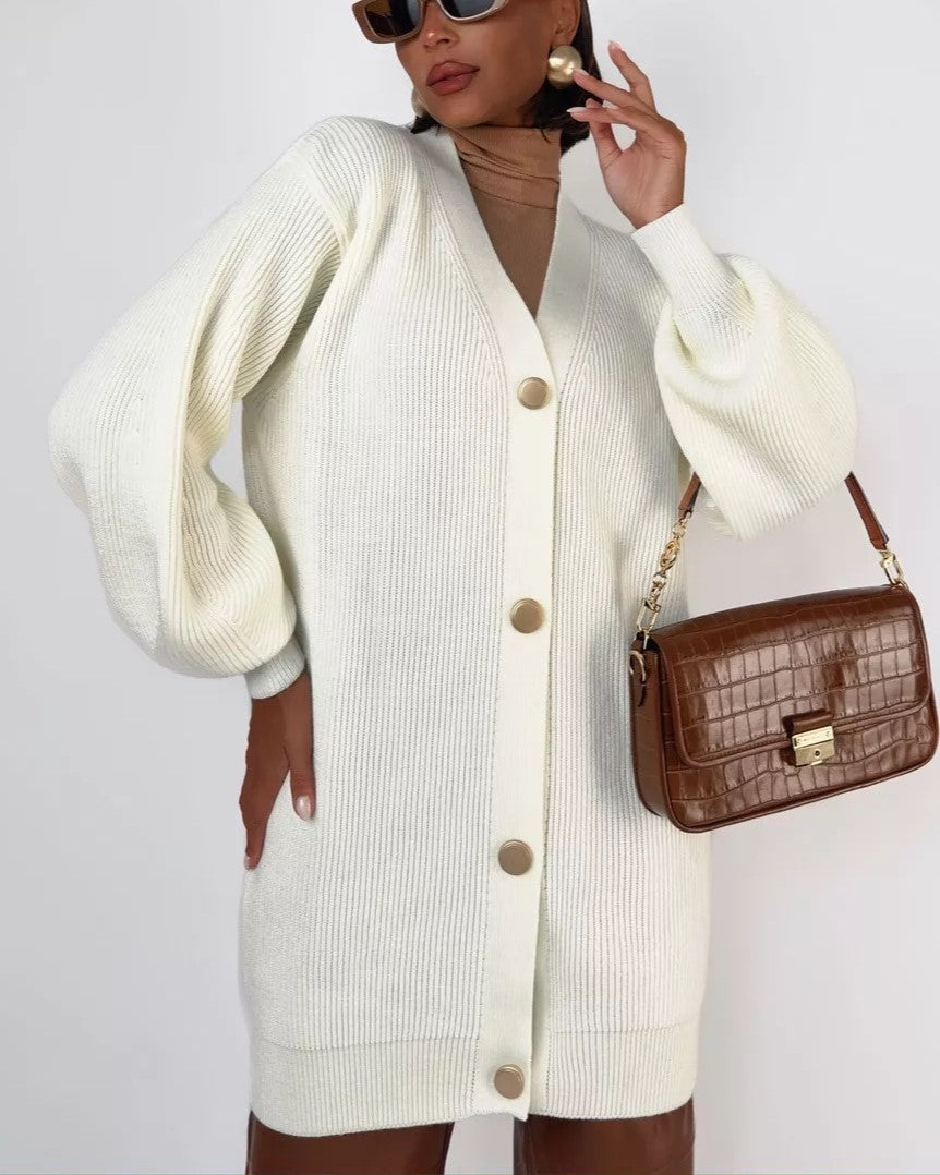 Longline V Neck Balloon Sleeve Cardigan - White - 1