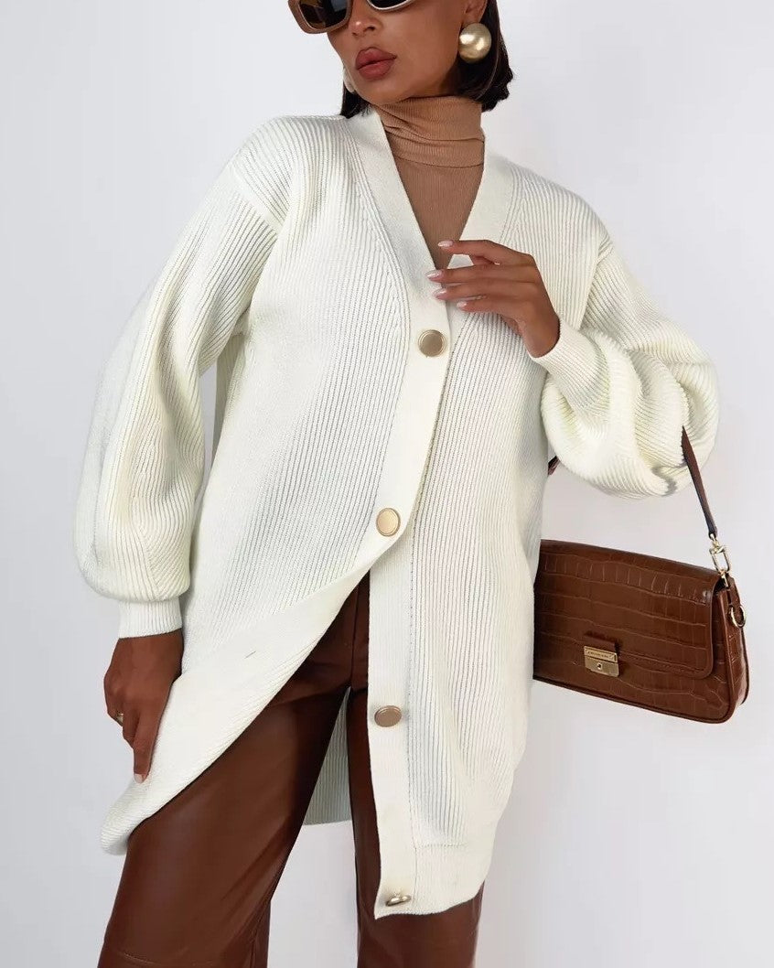 Longline V Neck Balloon Sleeve Cardigan - White - 2