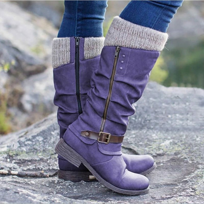 Knit Cuff Slouch Mid Calf Boots with Buckle - Purple