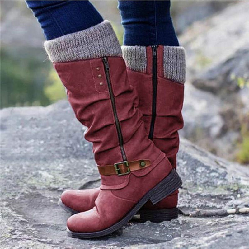 Knit Cuff Slouch Mid Calf Boots with Buckle - Red