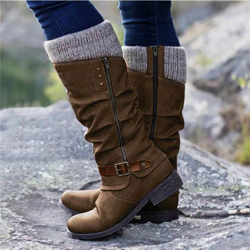 Knit Cuff Slouch Mid Calf Boots with Buckle