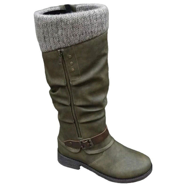 Knit Cuff Slouch Mid Calf Boots with Buckle