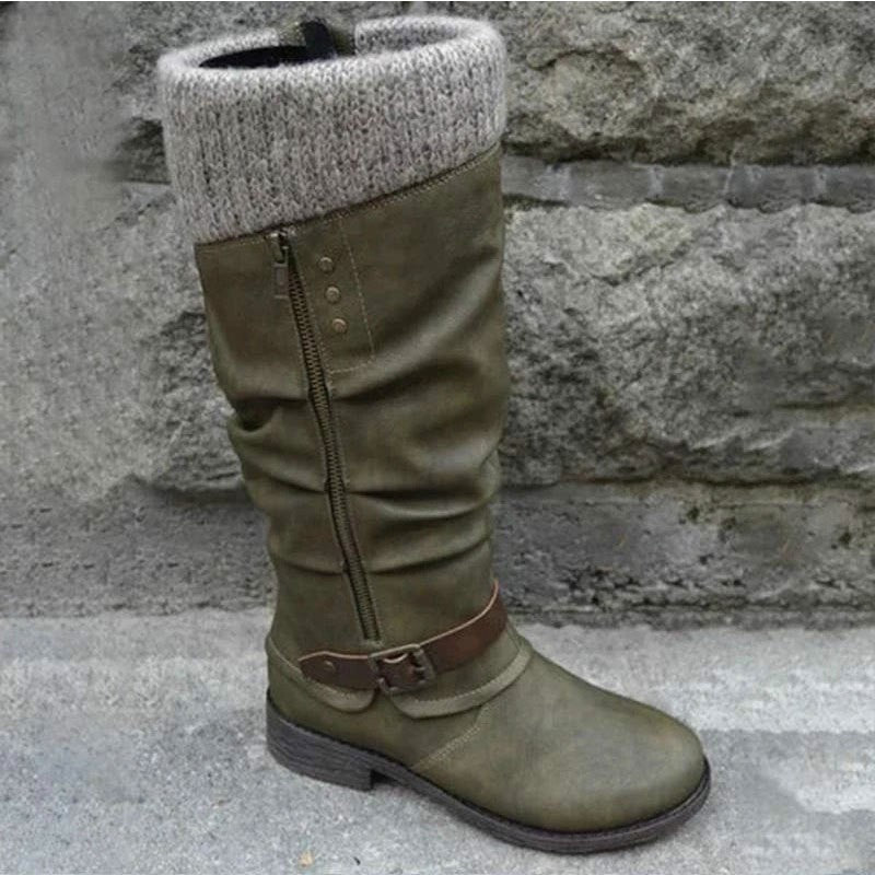 Knit Cuff Slouch Mid Calf Boots with Buckle