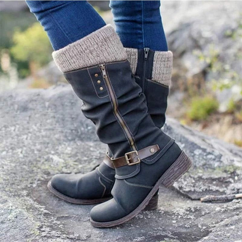 Knit Cuff Slouch Mid Calf Boots with Buckle