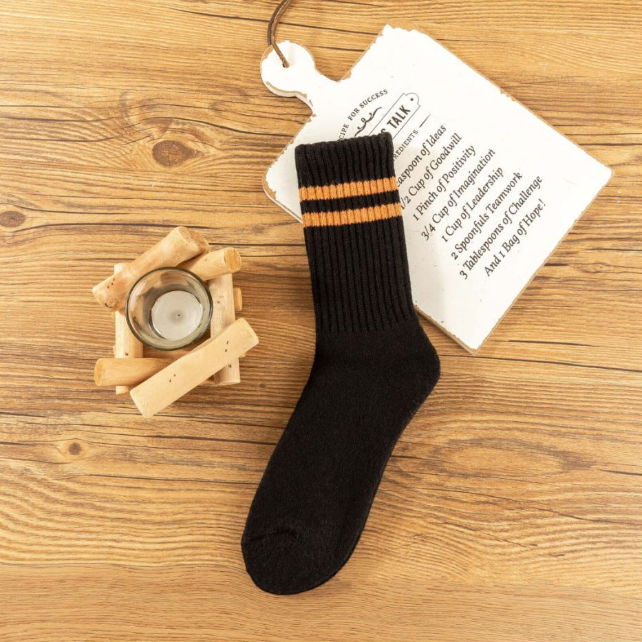 Wool Blend Striped Terry Crew Socks - Black