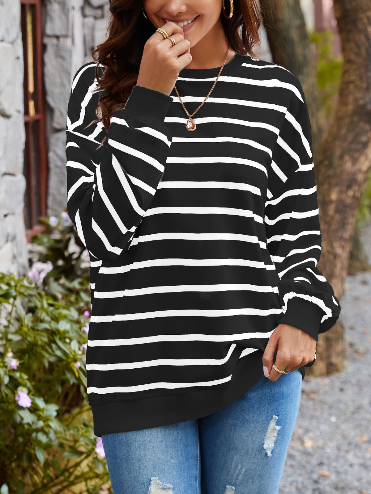 Breton Stripe Drop Shoulder Cotton Pullover - Black