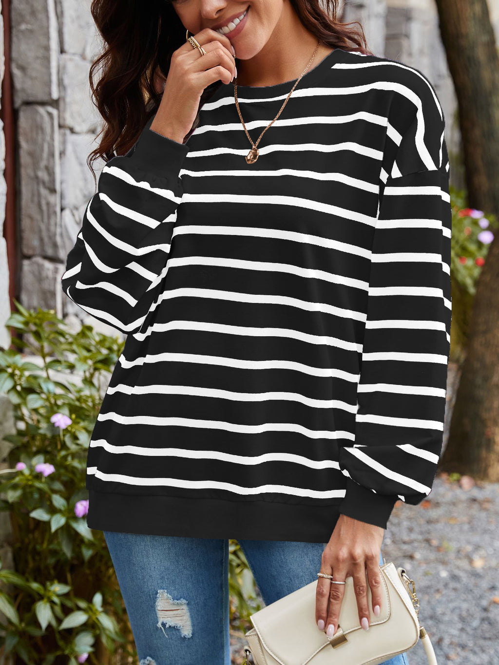 Breton Stripe Drop Shoulder Cotton Pullover - Black - 1