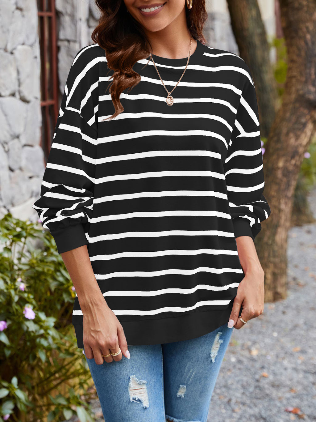 Breton Stripe Drop Shoulder Cotton Pullover - Black - 2