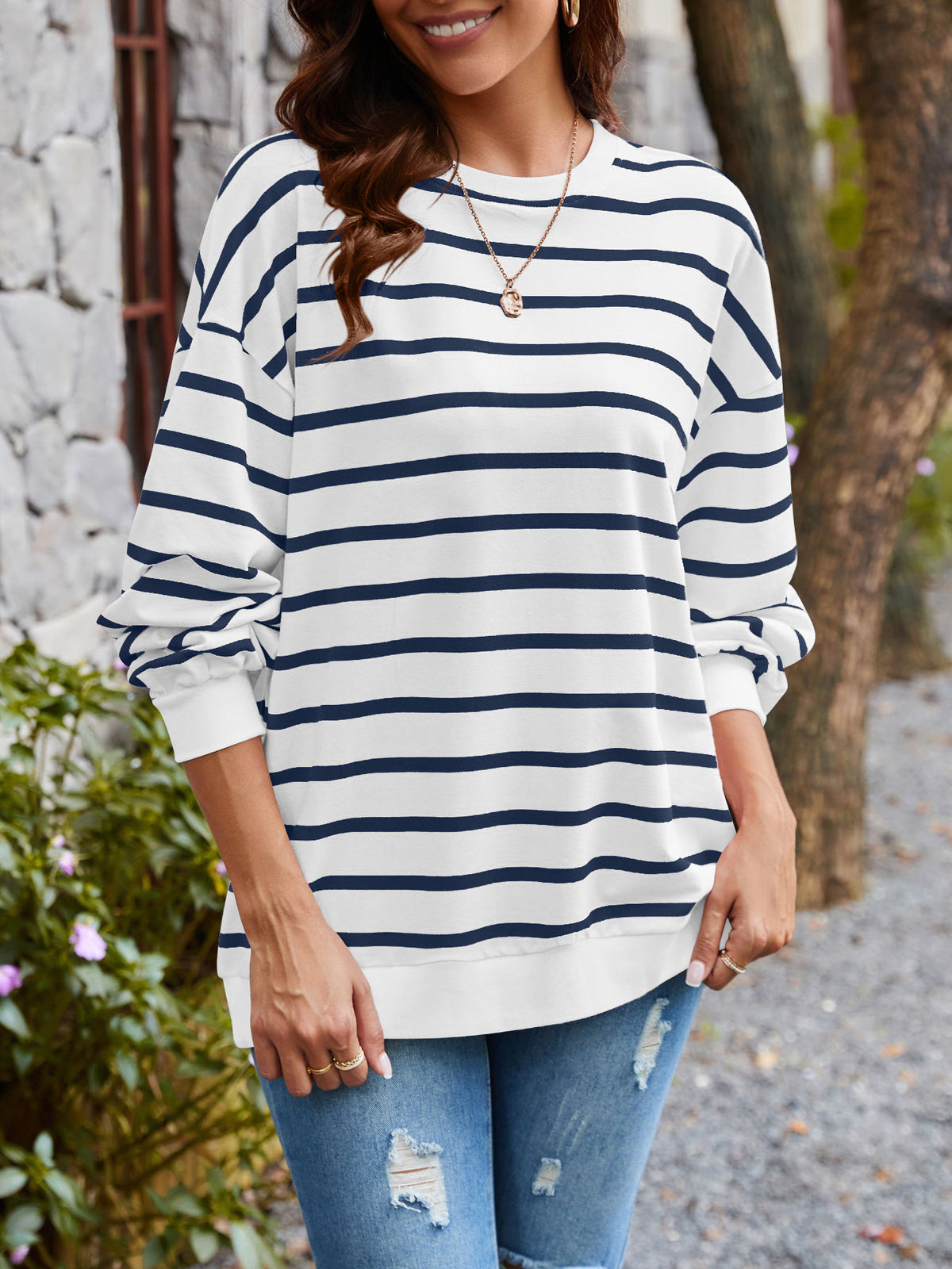 Breton Stripe Drop Shoulder Cotton Pullover - Navyblue