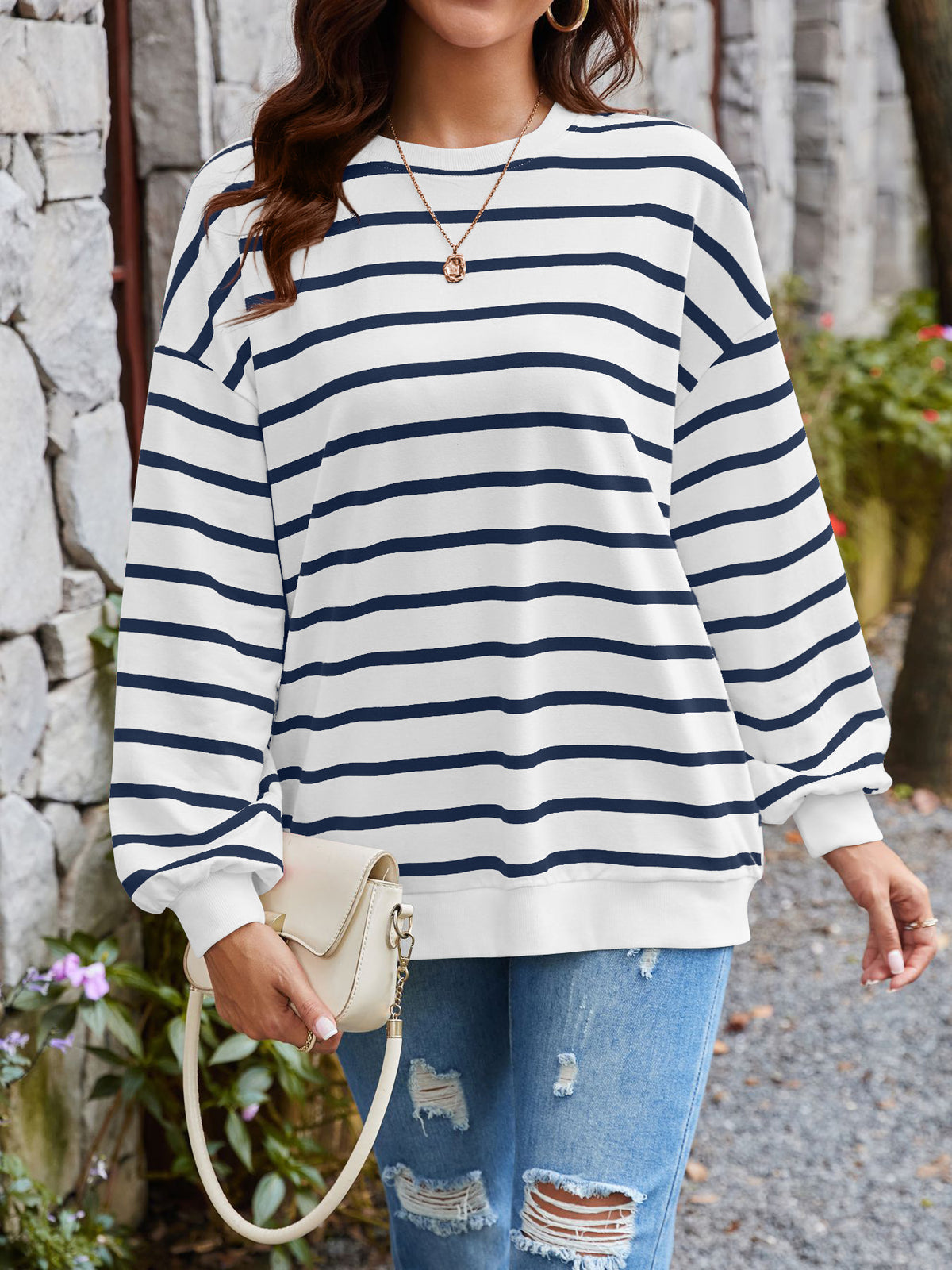 Breton Stripe Drop Shoulder Cotton Pullover - Navyblue - 1