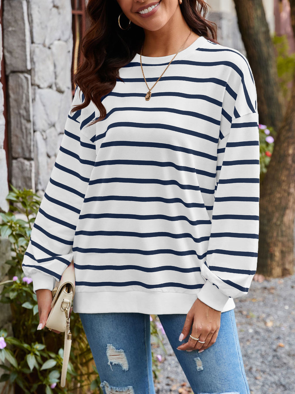 Breton Stripe Drop Shoulder Cotton Pullover - Navyblue - 2